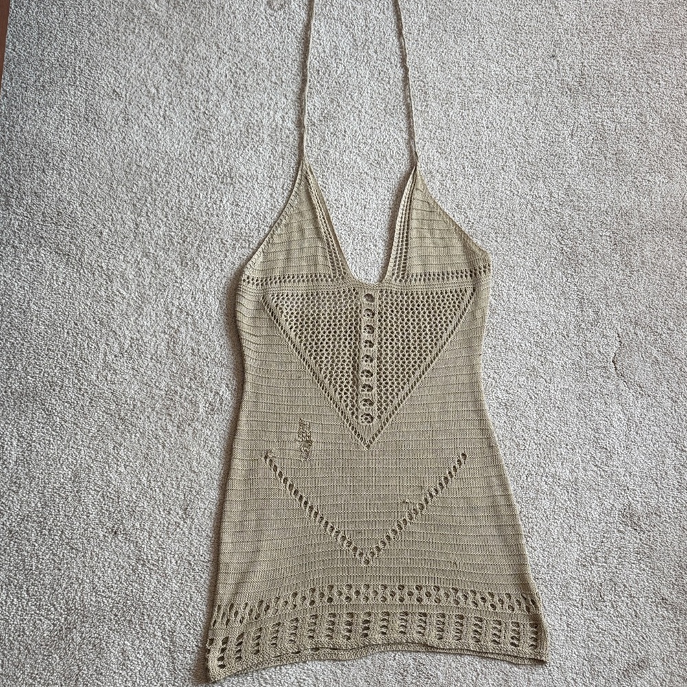 Beige Crochet Halter Mini Dress